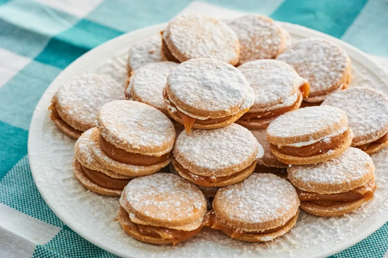 Um prato de biscoitos cobertos com açúcar de confeiteiro sobre uma mesa.