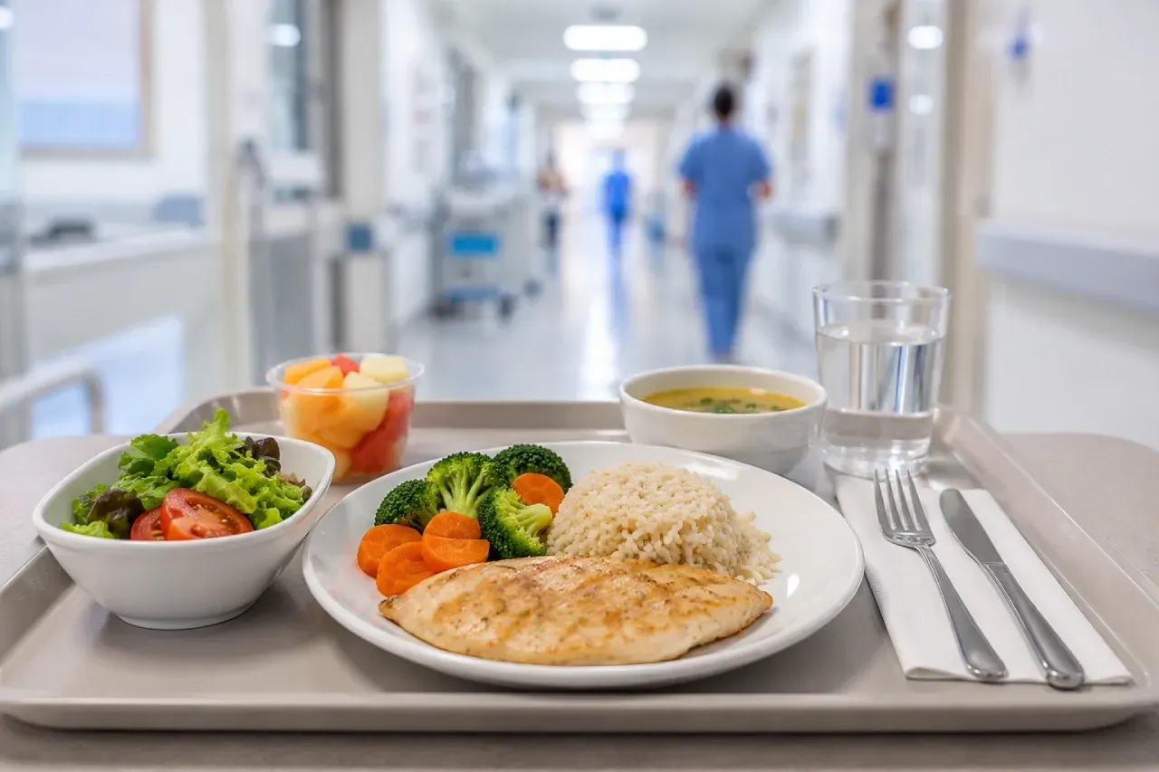 Um homem está sentado em uma cama de hospital comendo comida de uma bandeja.