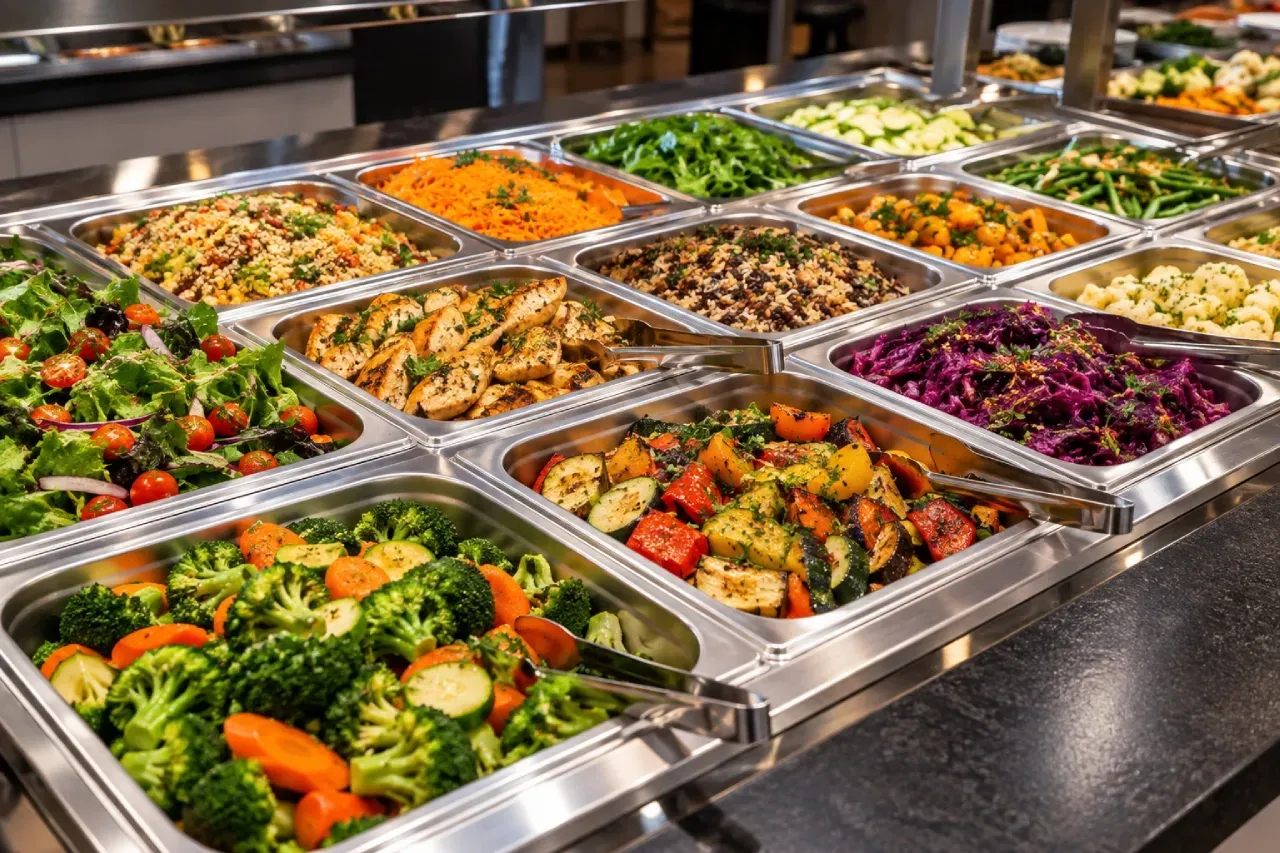 Um garçom está servindo comida para um grupo de pessoas em um restaurante.