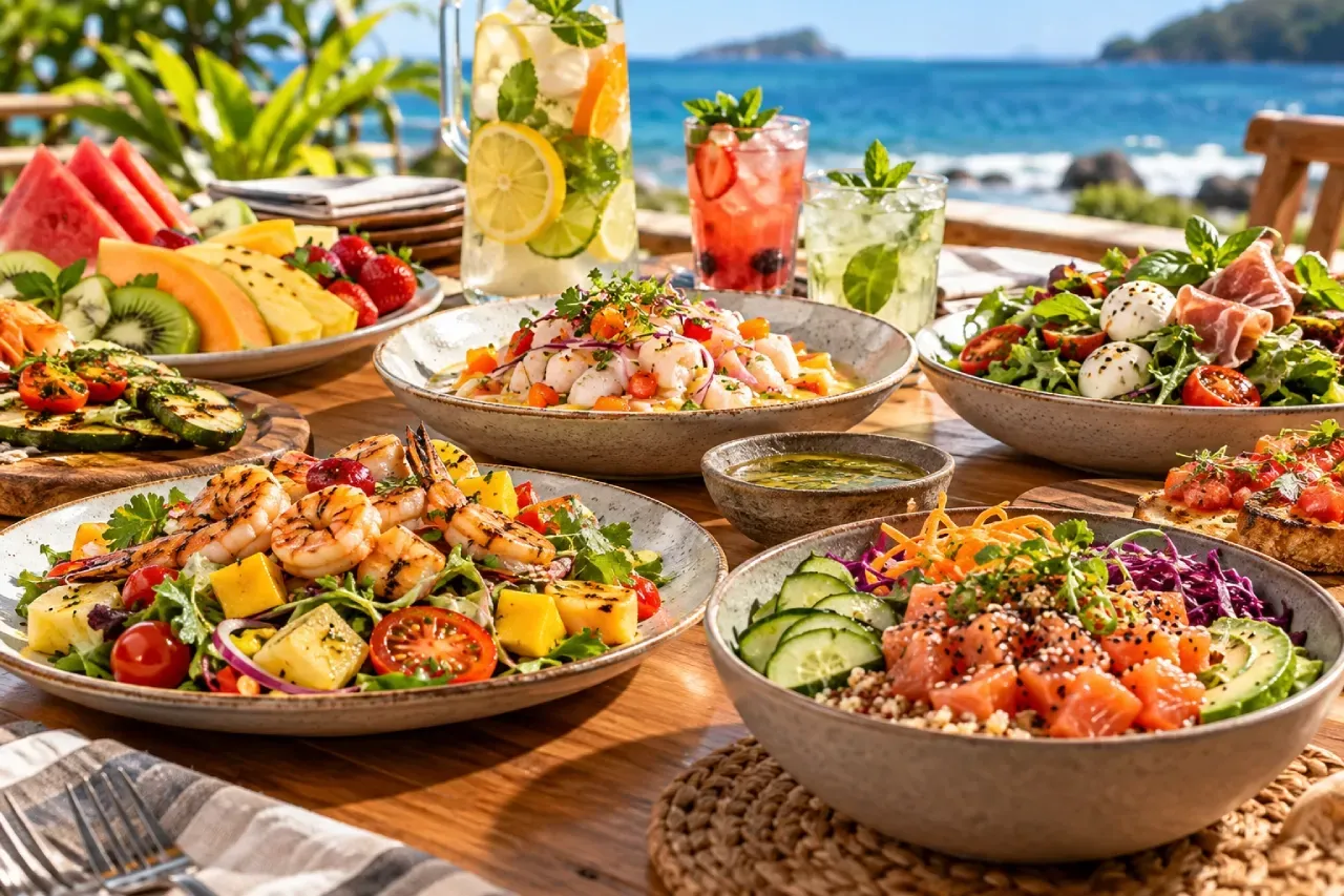 Um grupo de pessoas está sentado à mesa com comida e bebidas.
