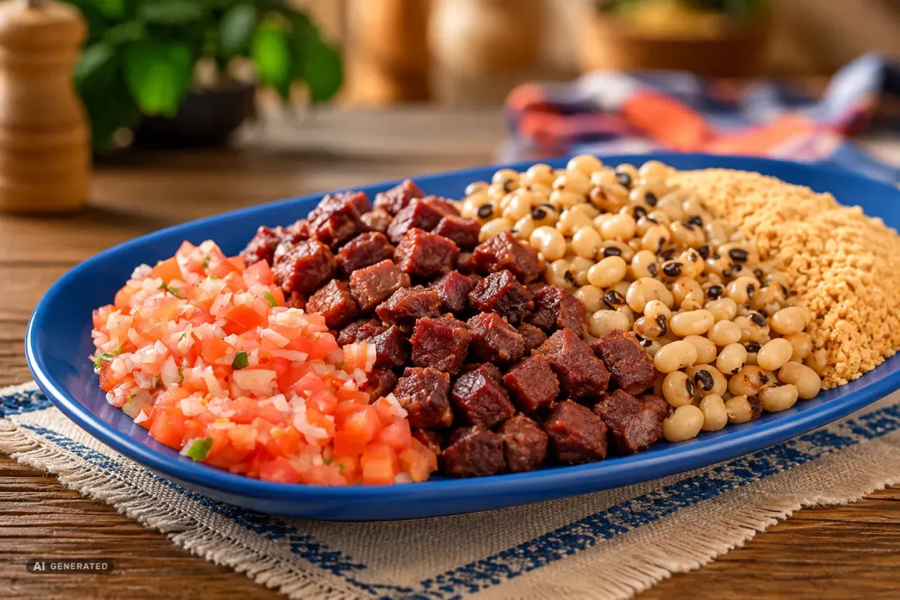 Arrumadinho nordestino com carne de sol em cubos, feijão-fradinho, farofa de mandioca e vinagrete servido em travessa.