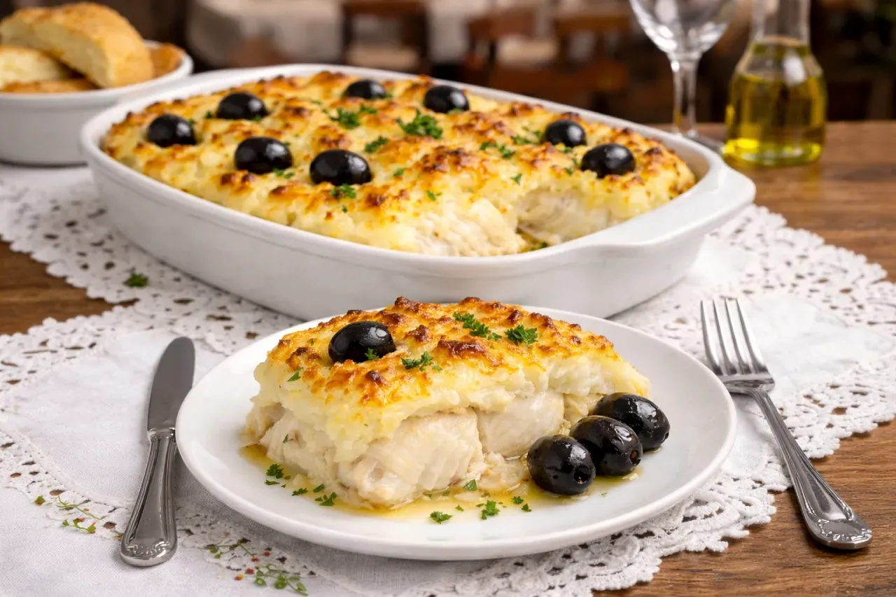 Bacalhau à Zé do Pipo tradicional gratinado no forno, servido em travessa com maionese dourada, lascas altas de bacalhau, azeitonas pretas e salsa, com porção empratada ao lado.