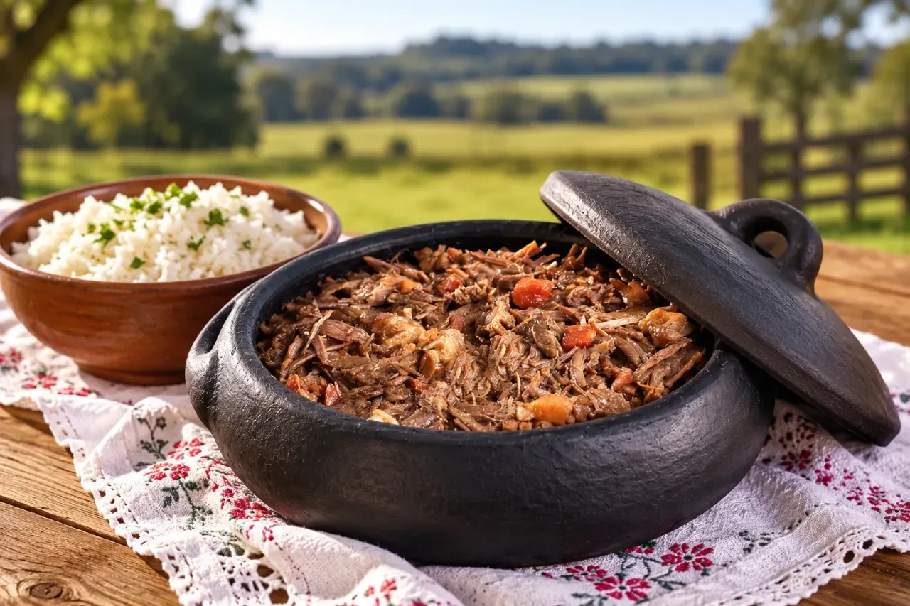 Barreado paranaense com carne bovina desfiada servido em panela de barro, acompanhado de arroz branco.