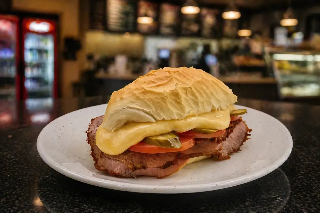 sanduíche Bauru original com rosbife, queijo derretido, tomate e picles no pão francês