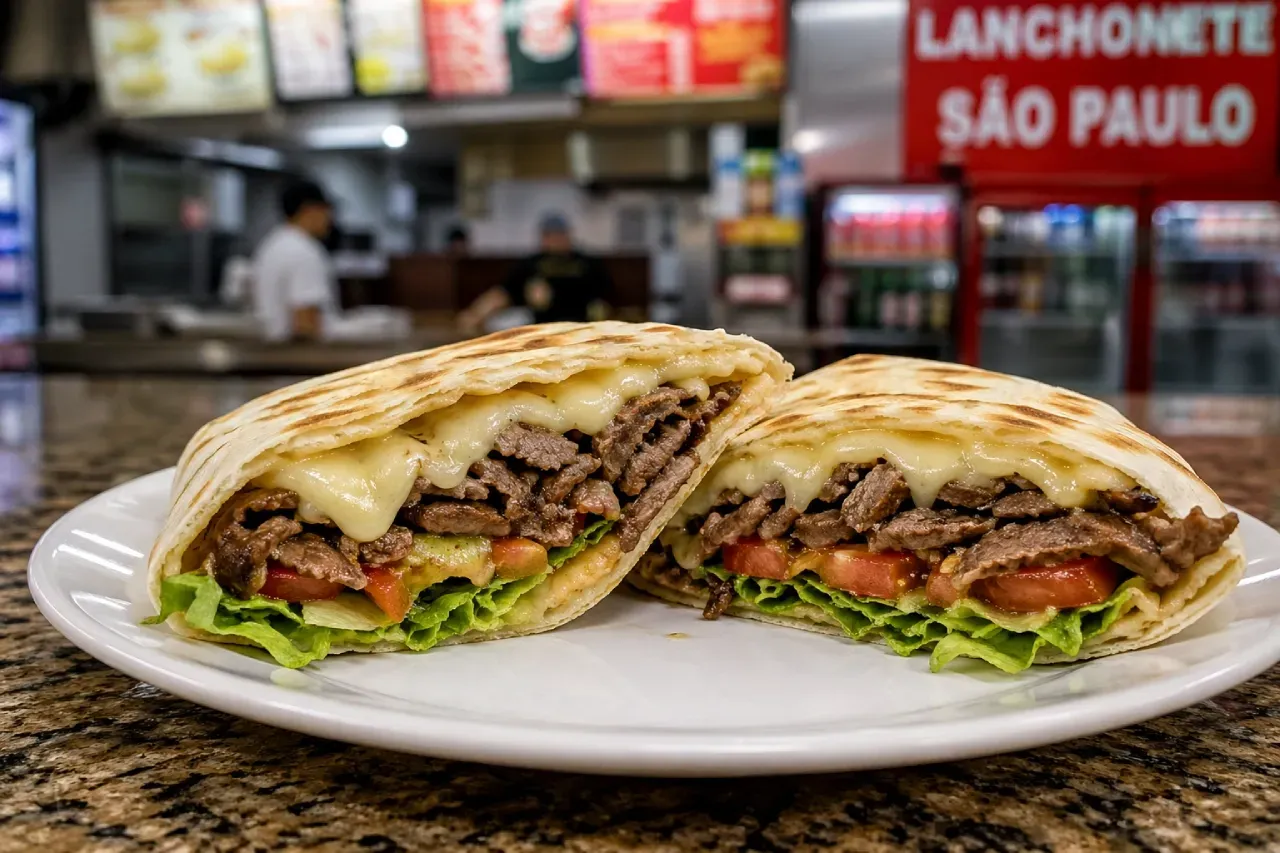 sanduíche beirute cortado ao meio com carne, queijo derretido, alface e tomate em prato de lanchonete em São Paulo