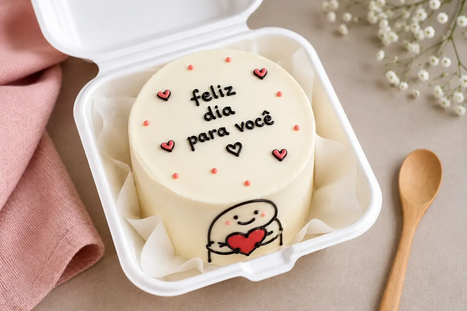 Bentô cake decorado com a frase “feliz dia para você”, corações e cobertura branca