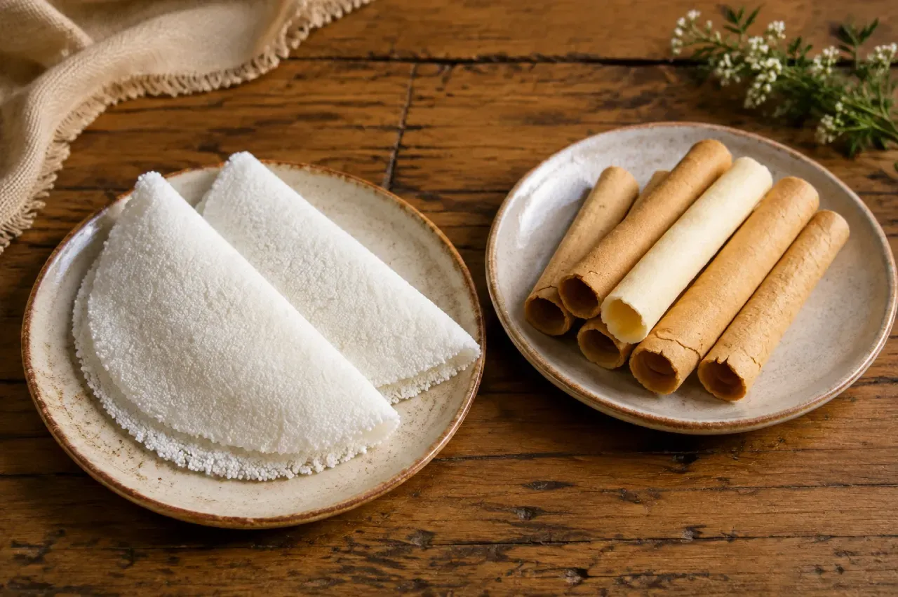 Beiju de tapioca dobrado e biscoitos biju em formato de canudo servidos em pratos sobre mesa de madeira.