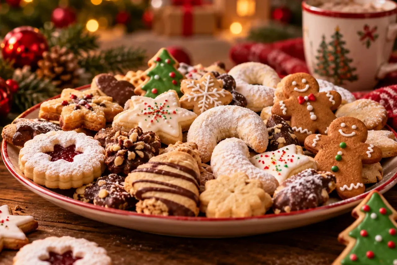 Um prato de biscoitos de natal decorados sobre uma mesa.