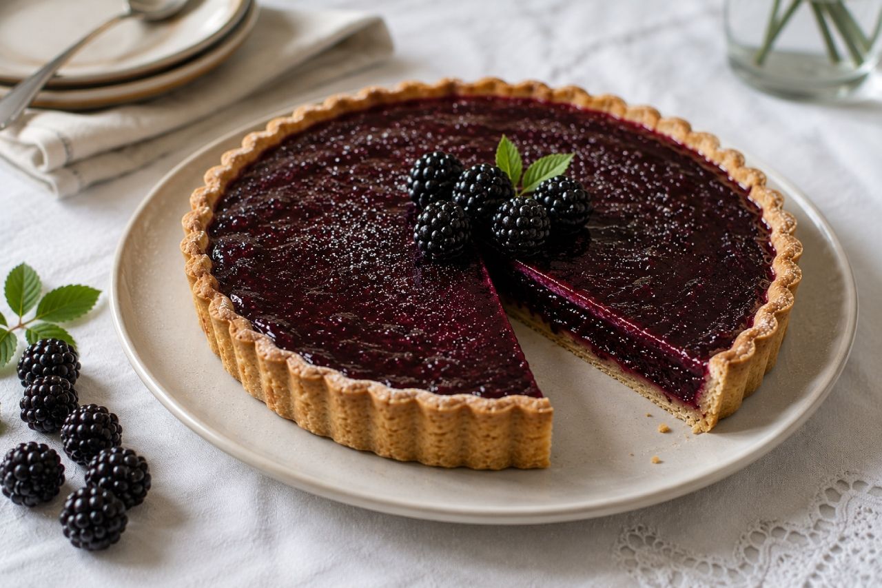 Torta de blackberry com cobertura brilhante de amora-preta, decorada com frutas frescas sobre prato claro em ambiente de confeitaria.