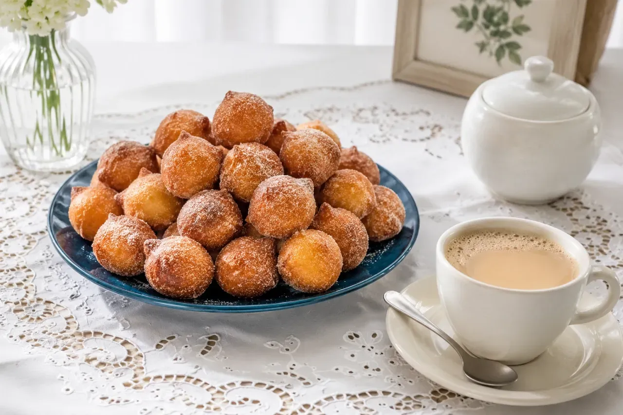 Uma panela cheia de donuts e paus de canela sobre uma mesa.