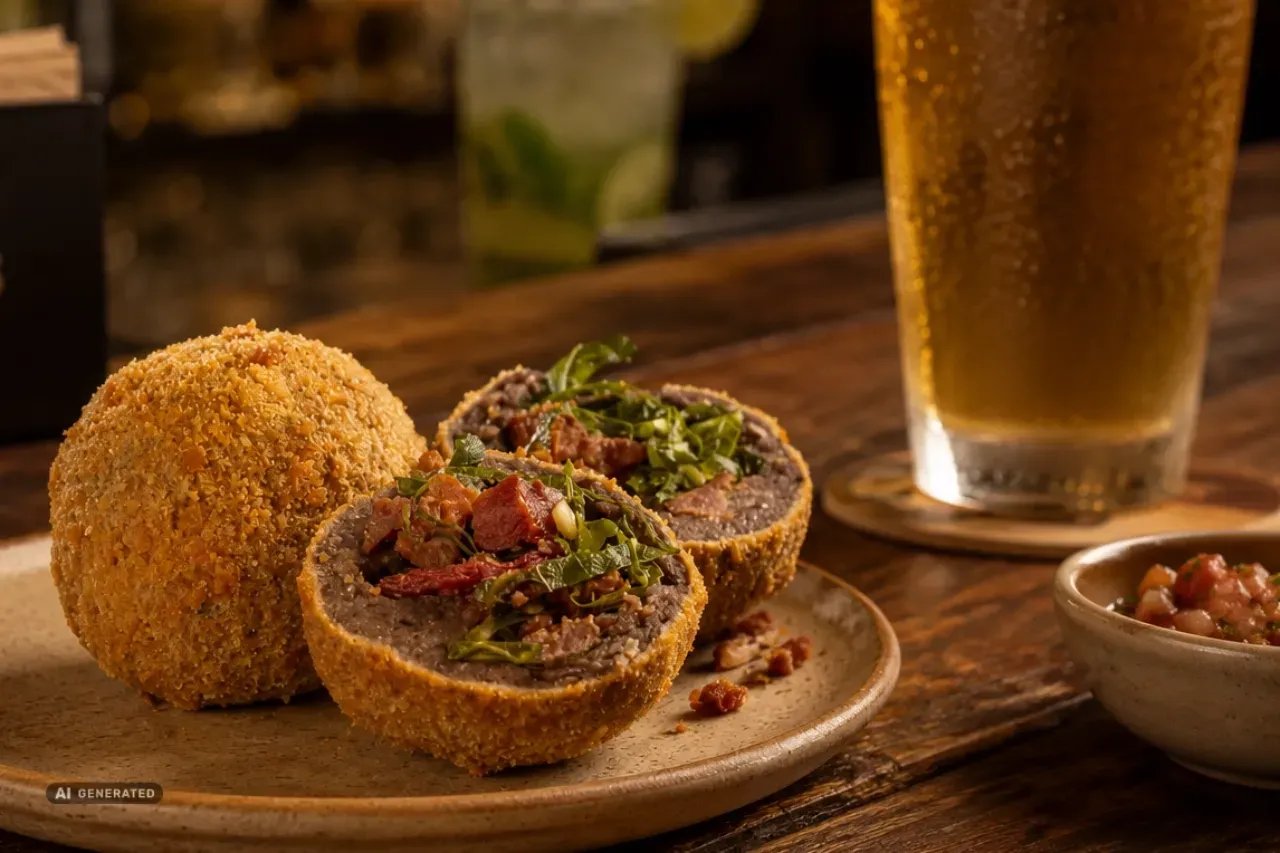Bolinho de feijoada crocante recheado com feijão, carnes e couve, servido em mesa de bar 