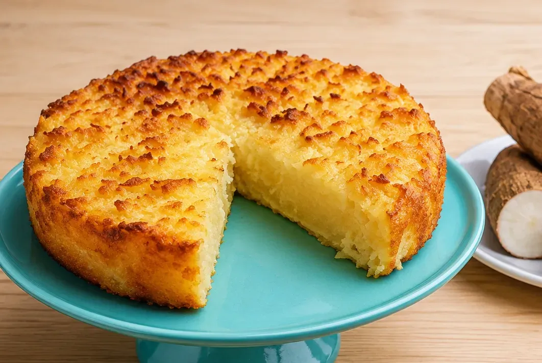 Bolo de mandioca crua cremoso e dourado, com fatia cortada, servido em prato sobre mesa de madeira clara