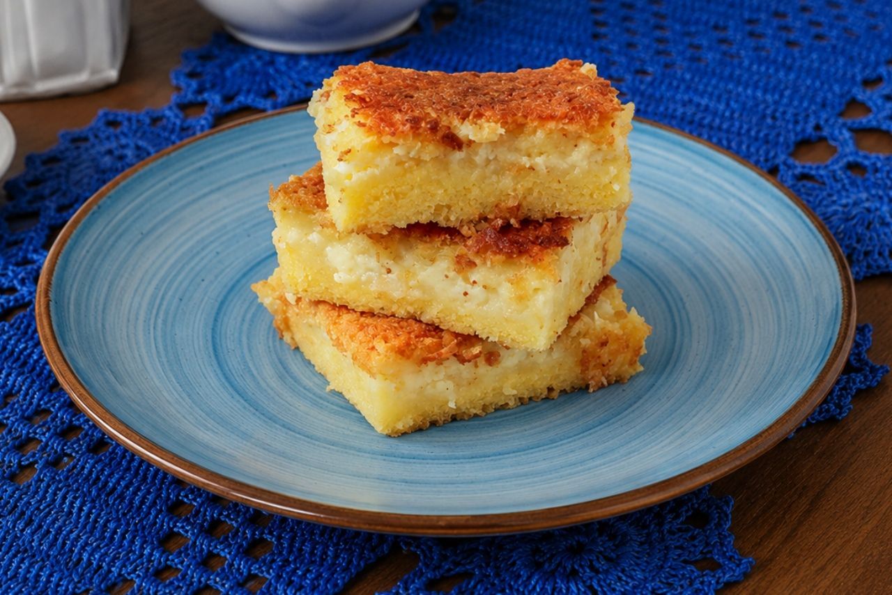 Pedaços de bolo de fubá cremoso com queijo ralado empilhados em prato azul, com casquinha dourada e interior macio e úmido.