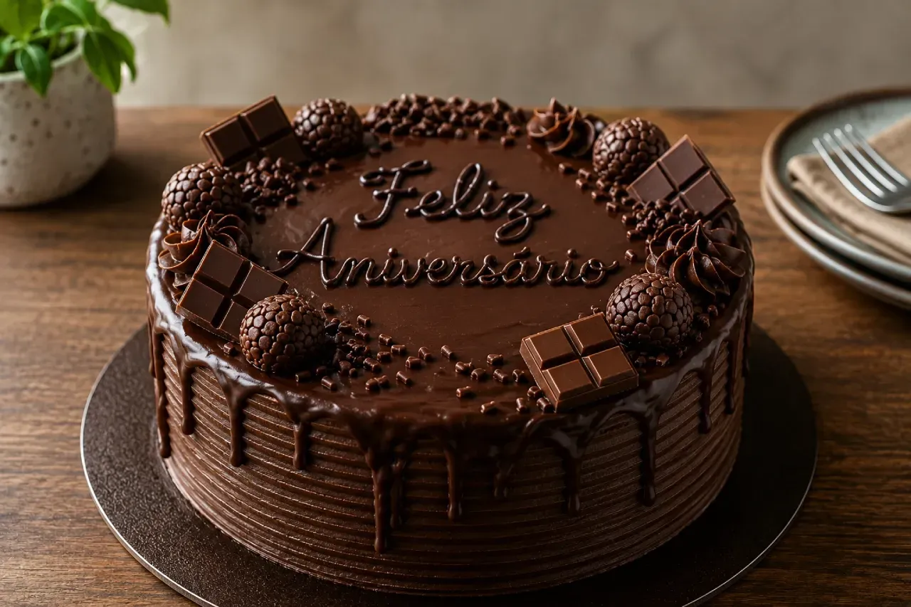 Bolo masculino de chocolate com acabamento drip cake, brigadeiros gourmet e barras de chocolate decorativas sobre mesa de madeira.