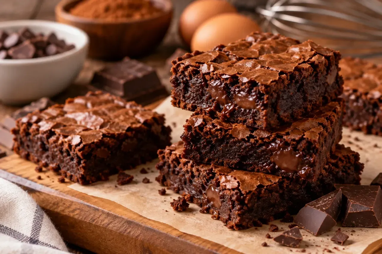 Uma bandeja de madeira cheia de brownies de chocolate sobre uma mesa de madeira.