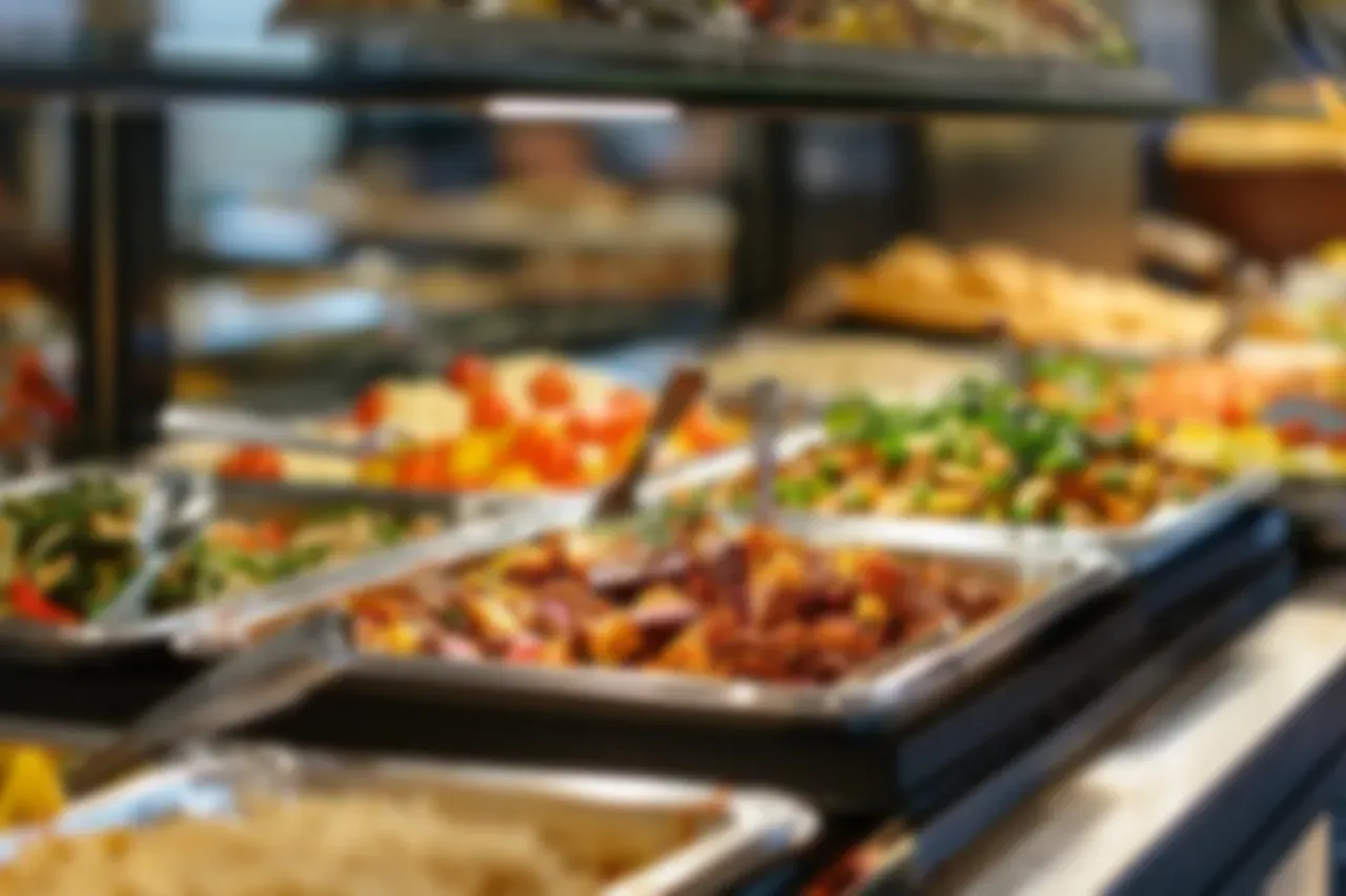 Um bufê repleto de diversos tipos de comida.
