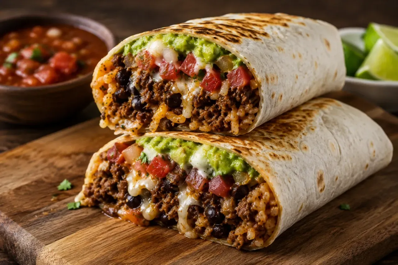 Burrito recheado com carne moída, arroz, feijão, queijo derretido, guacamole e pico de gallo sobre tábua de madeira.