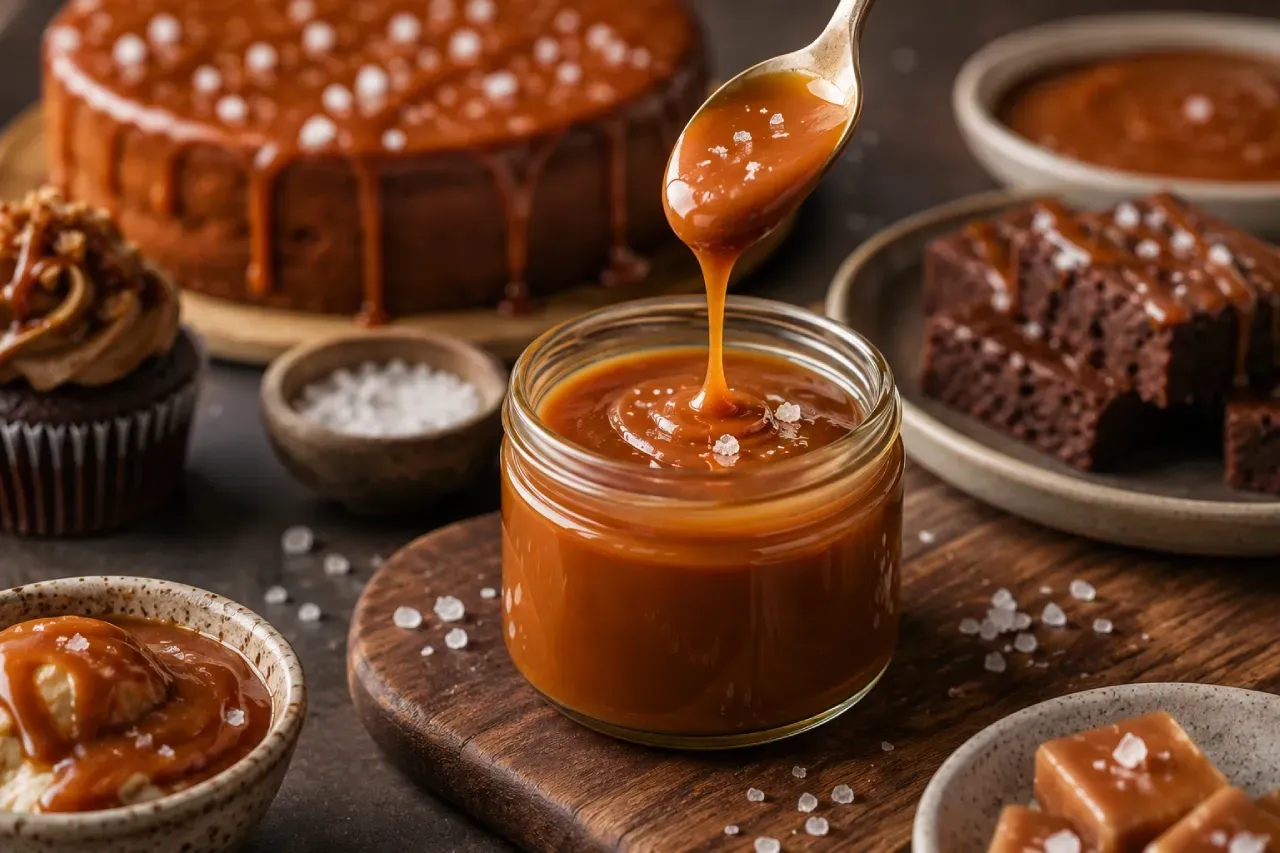 Caramelo salgado cremoso sendo servido com colher sobre pote de vidro, acompanhado por sobremesas, brownies e cristais de flor de sal em ambiente de confeitaria.
