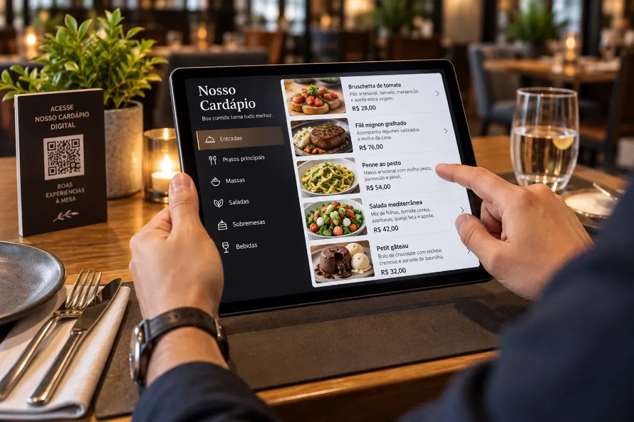 Uma mulher está sentada à mesa com uma xícara de café e um tablet.