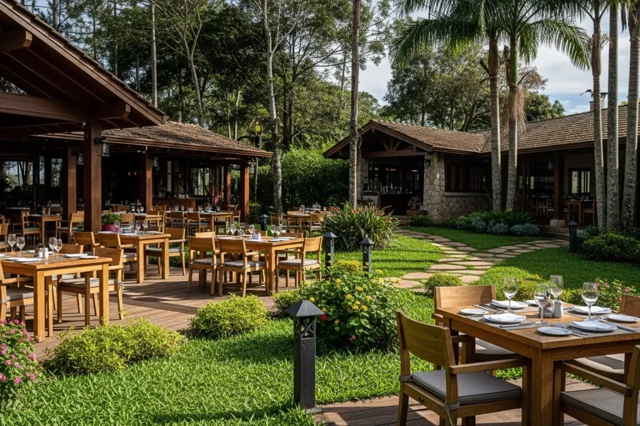 Área externa de restaurante em meio à natureza, com mesas de madeira ao ar livre, jardim bem cuidado, árvores ao redor e construções rústicas, criando um ambiente tranquilo e acolhedor para refeições em clima de descanso.