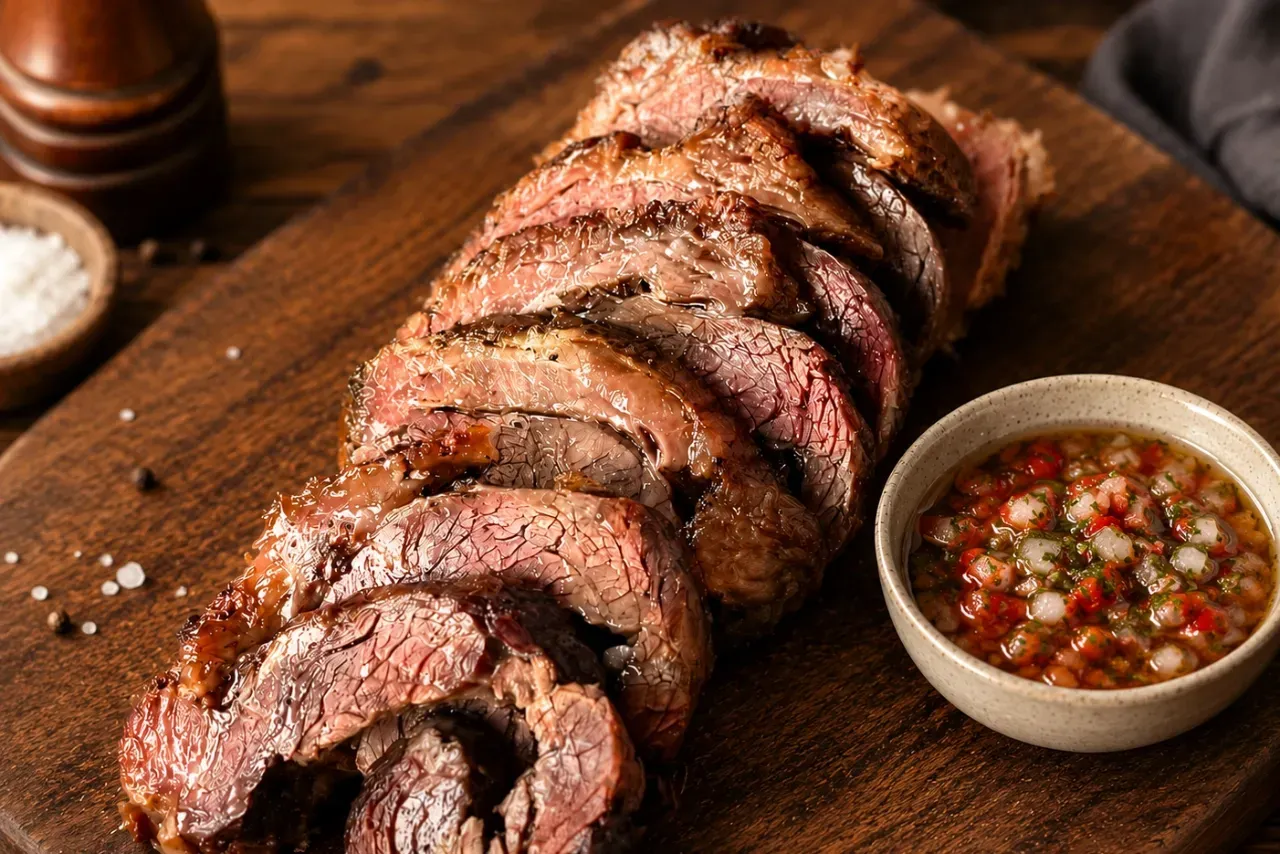 Fraldinha, carne para churrasco boa e barata. fatiada, servida com vinagrete sobre tábua de madeira.
