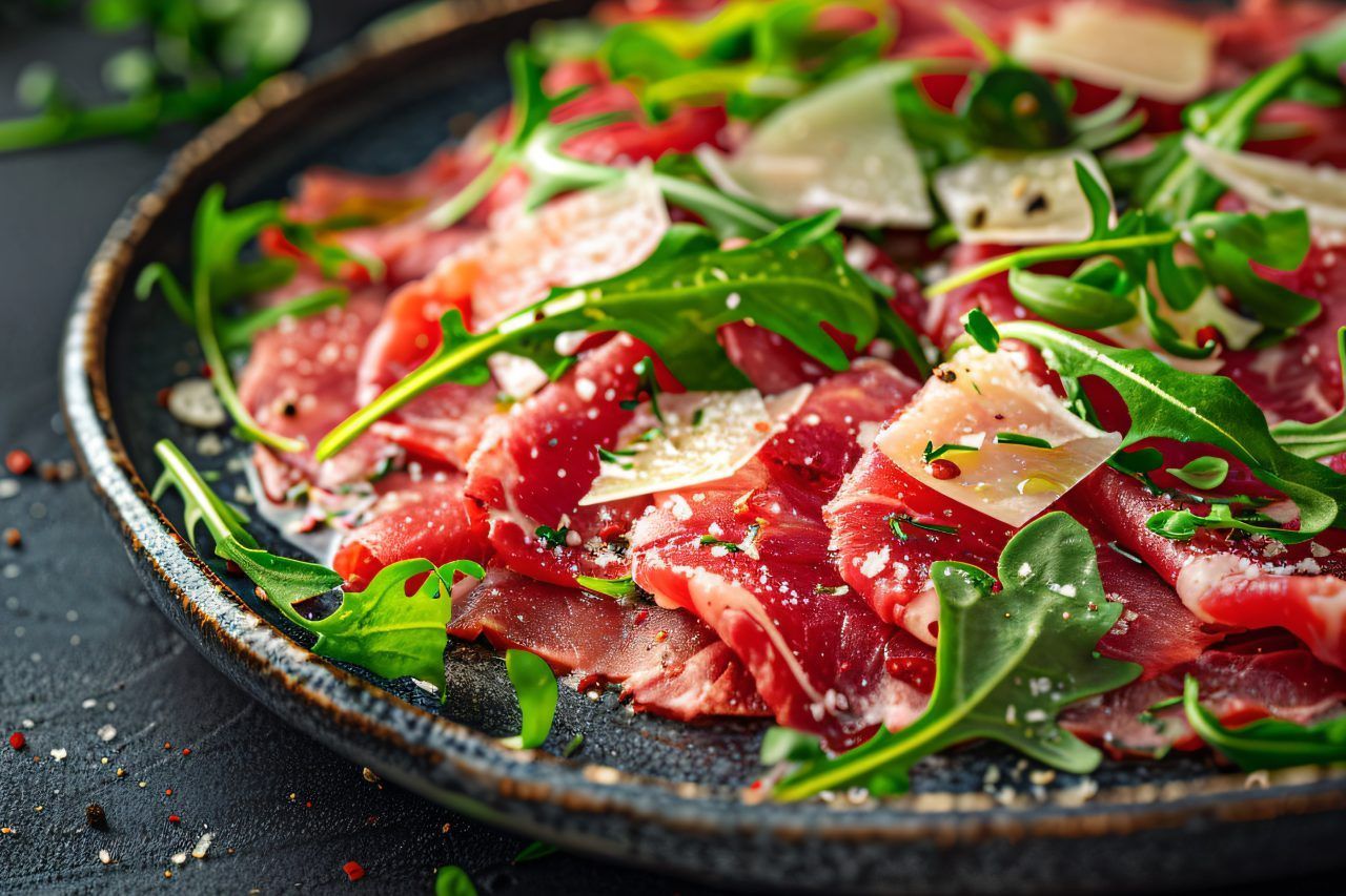 Um close de um prato de comida com carne e vegetais em uma mesa.