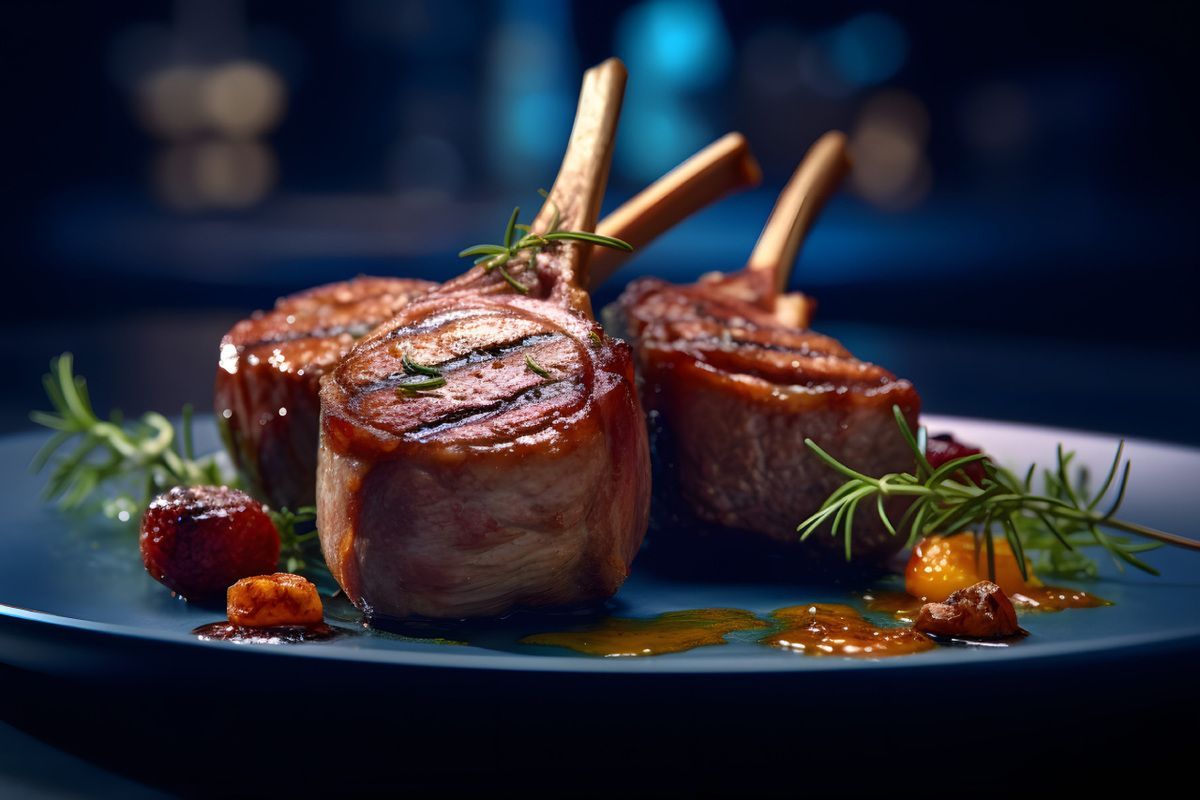 Um close de um prato de comida com carne e vegetais em uma mesa.
