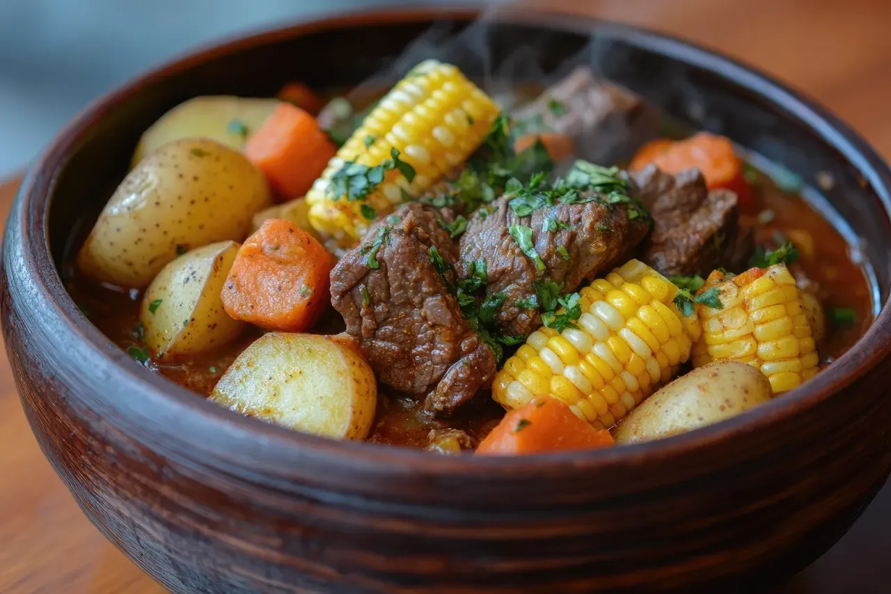 Uma tigela de ensopado com batatas, cenouras, milho e carne.