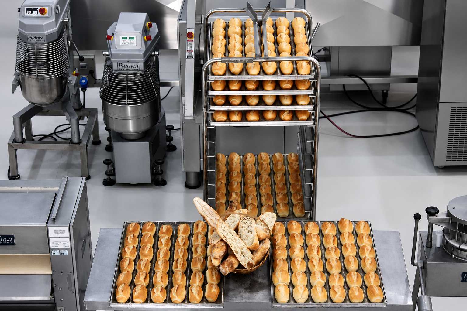 Uma padaria com um monte de pão em uma mesa