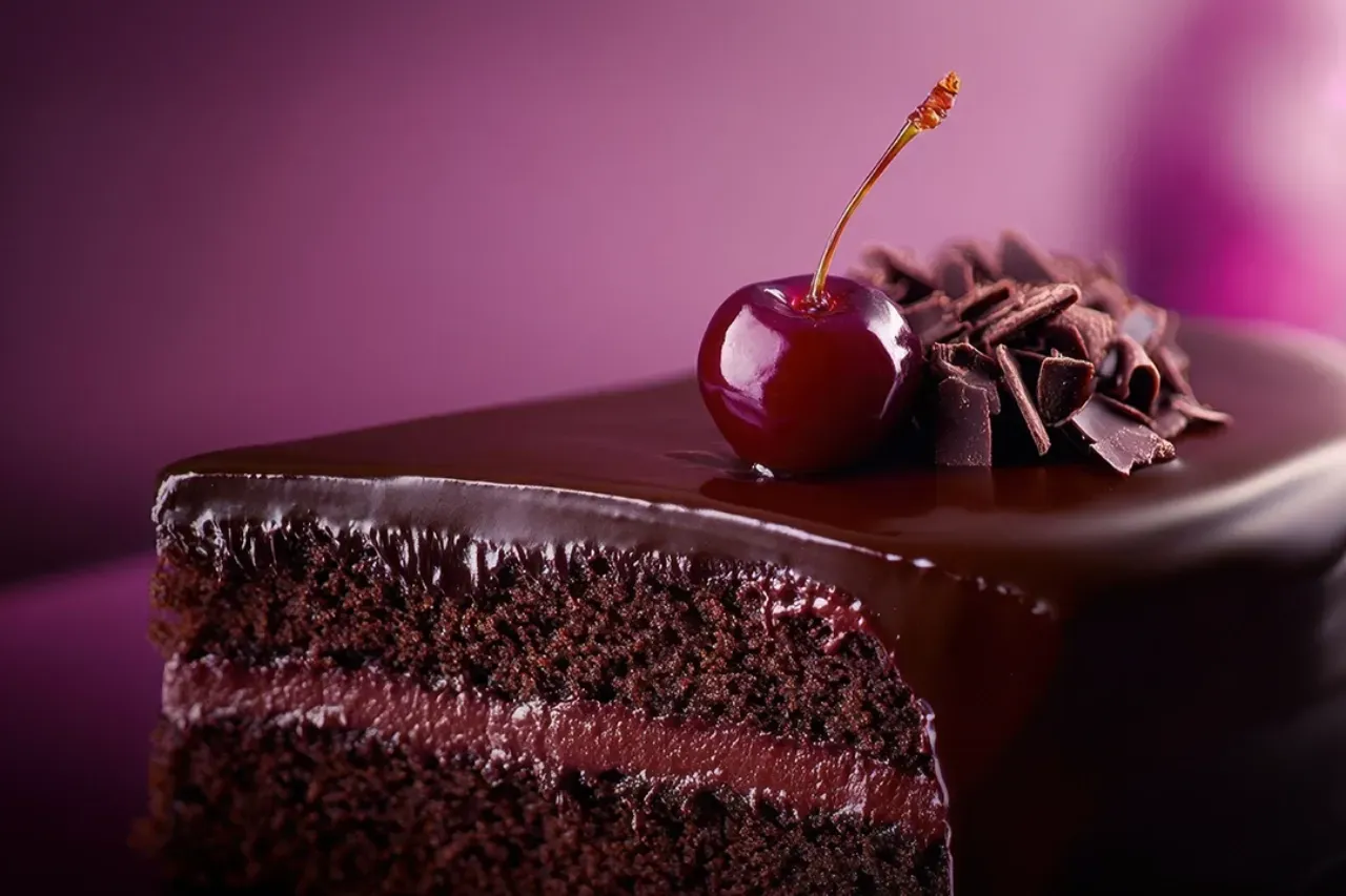 Uma fatia de bolo de chocolate com uma cereja no topo.