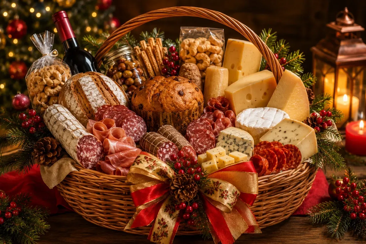 Cesta de Natal com vinhos, frios, castanhas, geleias e panetone decorada para as festas.