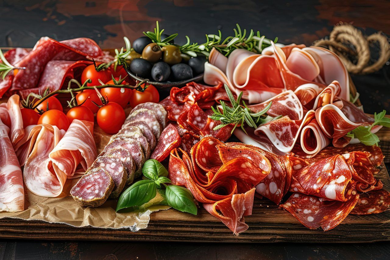 Uma tábua de corte de madeira coberta com uma variedade de carnes e vegetais.