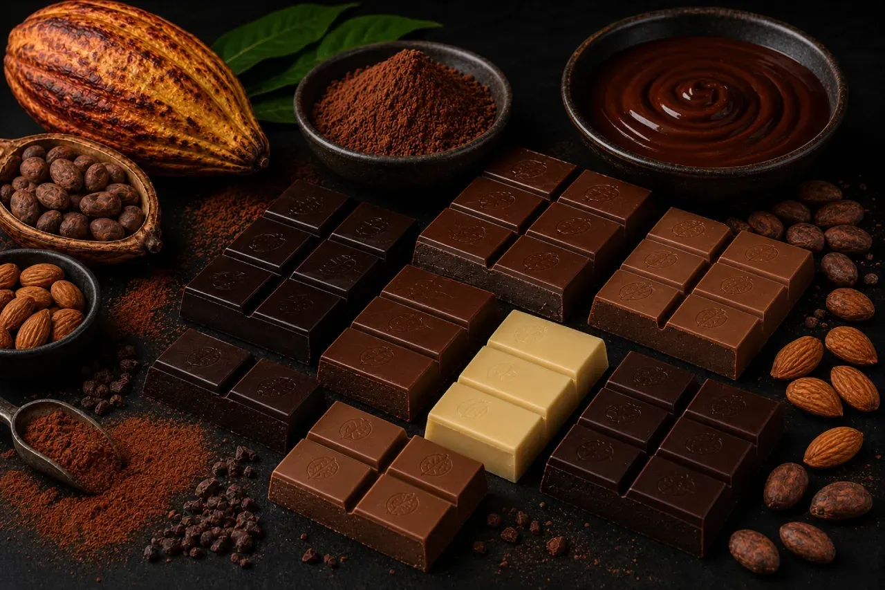 Diferentes tipos de chocolate e derivados de cacau utilizados na confeitaria e no foodservice, incluindo chocolate amargo, ao leite, branco, cacau em pó e nibs de cacau.
