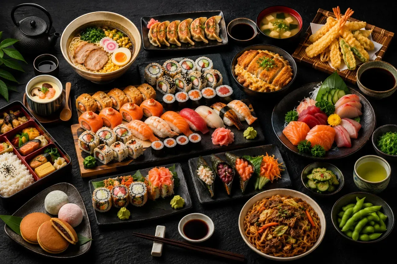 Variedade de pratos da culinária japonesa sobre superfície preta com sushi, sashimi, ramen, tempurá, gyoza e temaki.