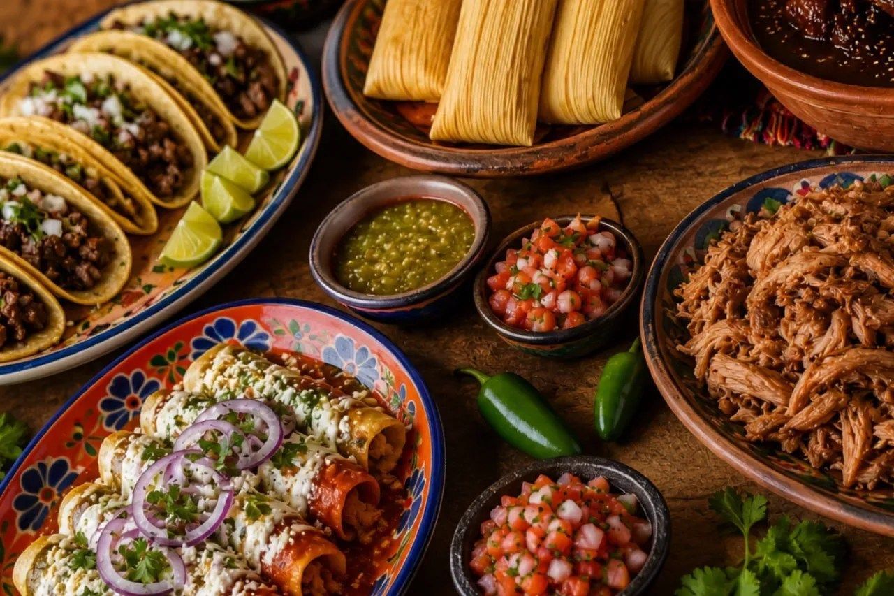 Pratos mexicanos com tacos, tamales, mole, enchiladas e carnitas, acompanhados de molhos