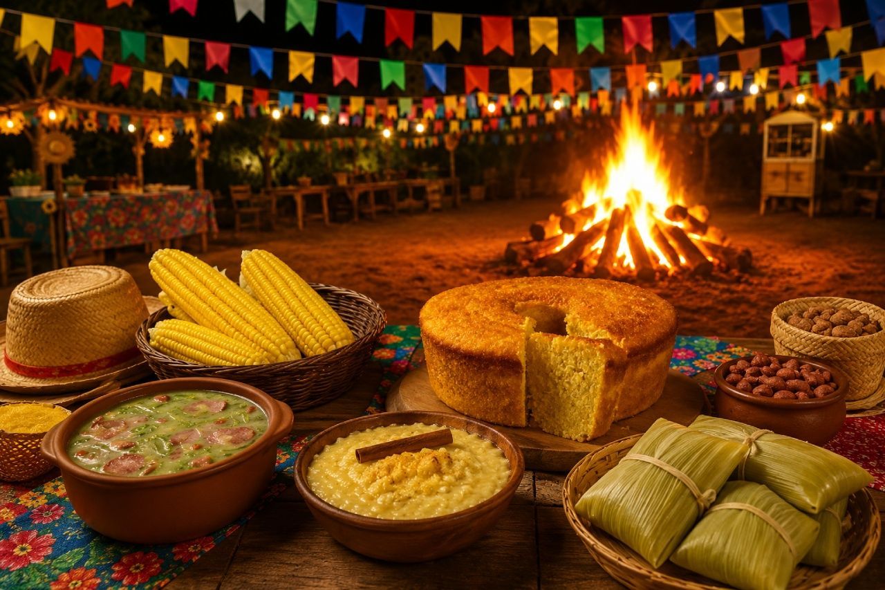 Festa junina com comidas típicas brasileiras em mesa decorada, incluindo pamonha, bolo de milho, canjica, milho cozido e caldos, com fogueira e bandeirinhas ao fundo.