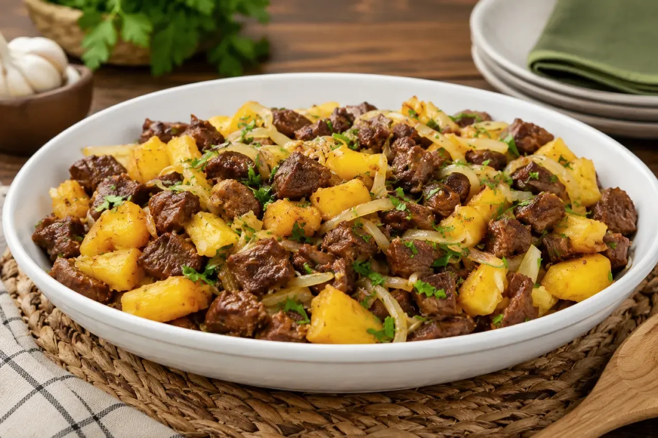 Carne de sol em cubos, macaxeira dourada, cebola e cheiro-verde 