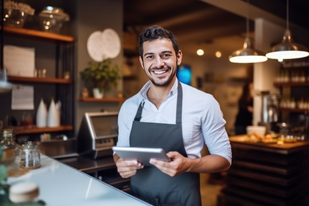 Um homem de avental está segurando um tablet em um restaurante.