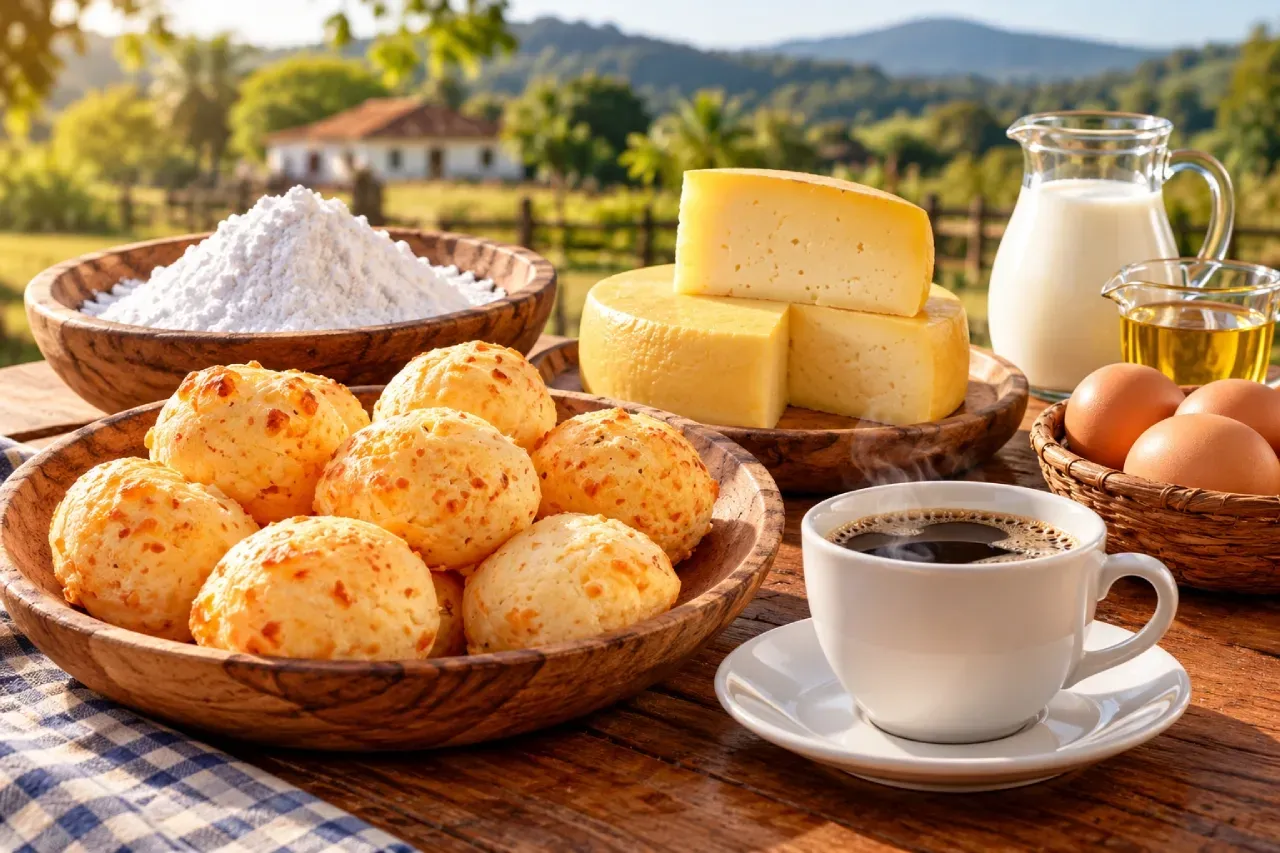 Pães de queijo assados em vasilha de madeira com café, polvilho azedo, queijo Minas curado