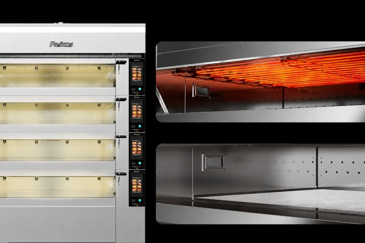 Forno lastro TC Prática com quatro câmaras de cocção e detalhe do interior da câmara