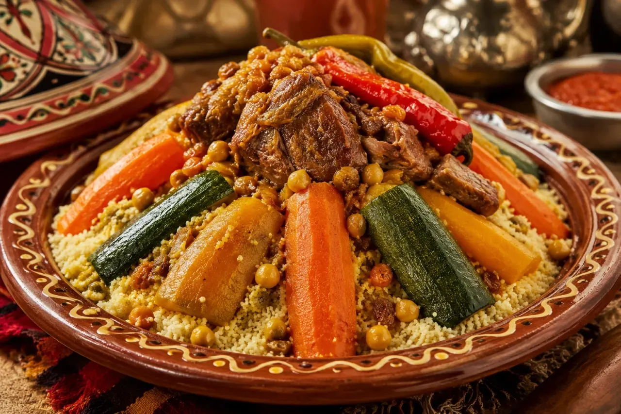 Couscous marroquino tradicional servido em prato decorado, acompanhado de cordeiro, cenoura, abobrinha, grão-de-bico e especiarias típicas da culinária do Norte da África.