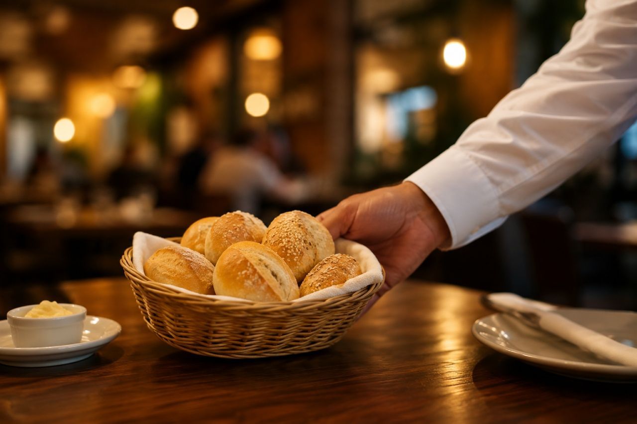 Garçom servindo cesta de pães como couvert em mesa de restaurante com ambiente aconchegante ao fundo