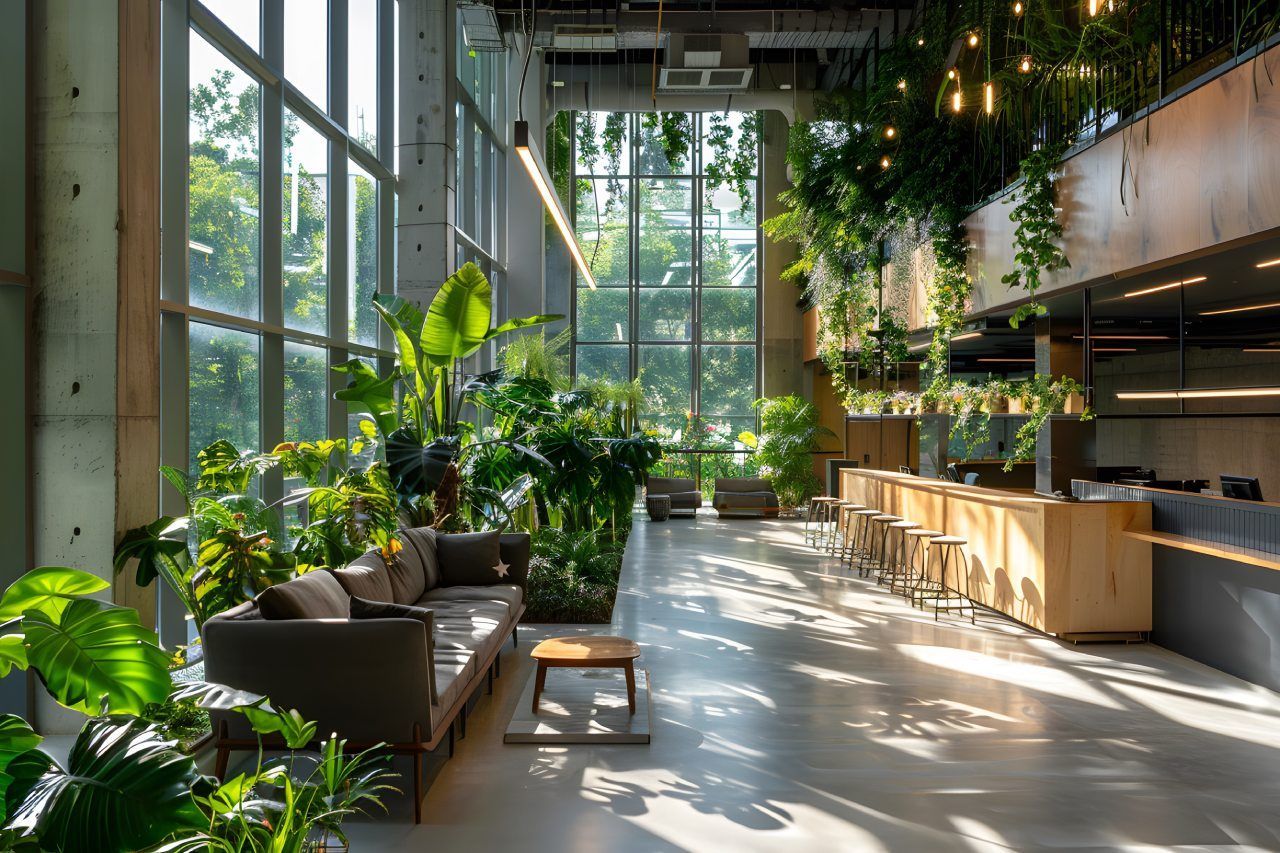 Uma sala de estar cheia de plantas e um sofá.