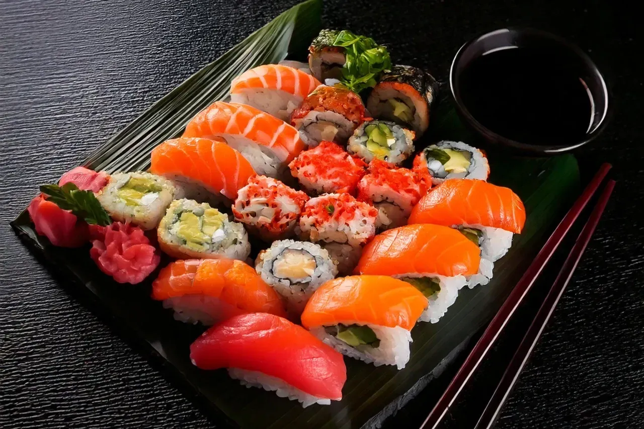 Um prato de sushi com pauzinhos e uma tigela de molho de soja.