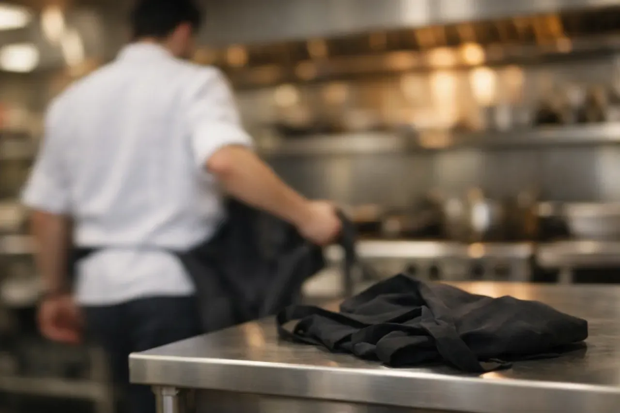 Jovem cozinheiro em cozinha profissional desfocada tirando o avental e colocando sobre bancada de inox, sugerindo que está encerrando o trabalho no restaurante.