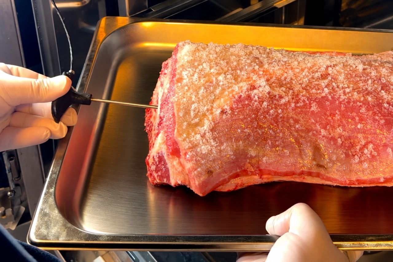 Peça de carne bovina crua coberta com sal grosso em assadeira de aço inox, com sonda de temperatura 