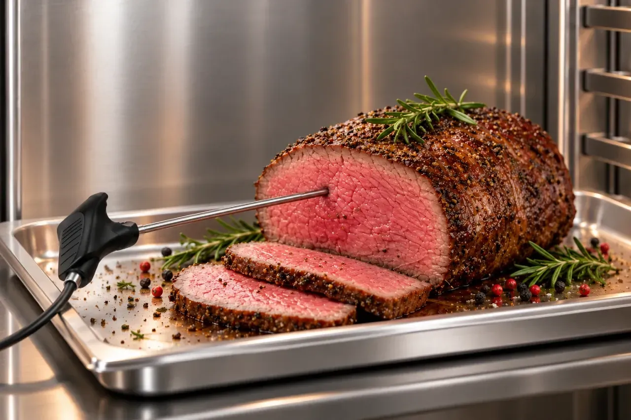 Rosbife fatiado com sonda de núcleo inserida na carne, ilustrando o controle de temperatura pela função Delta T em forno combinado profissional.