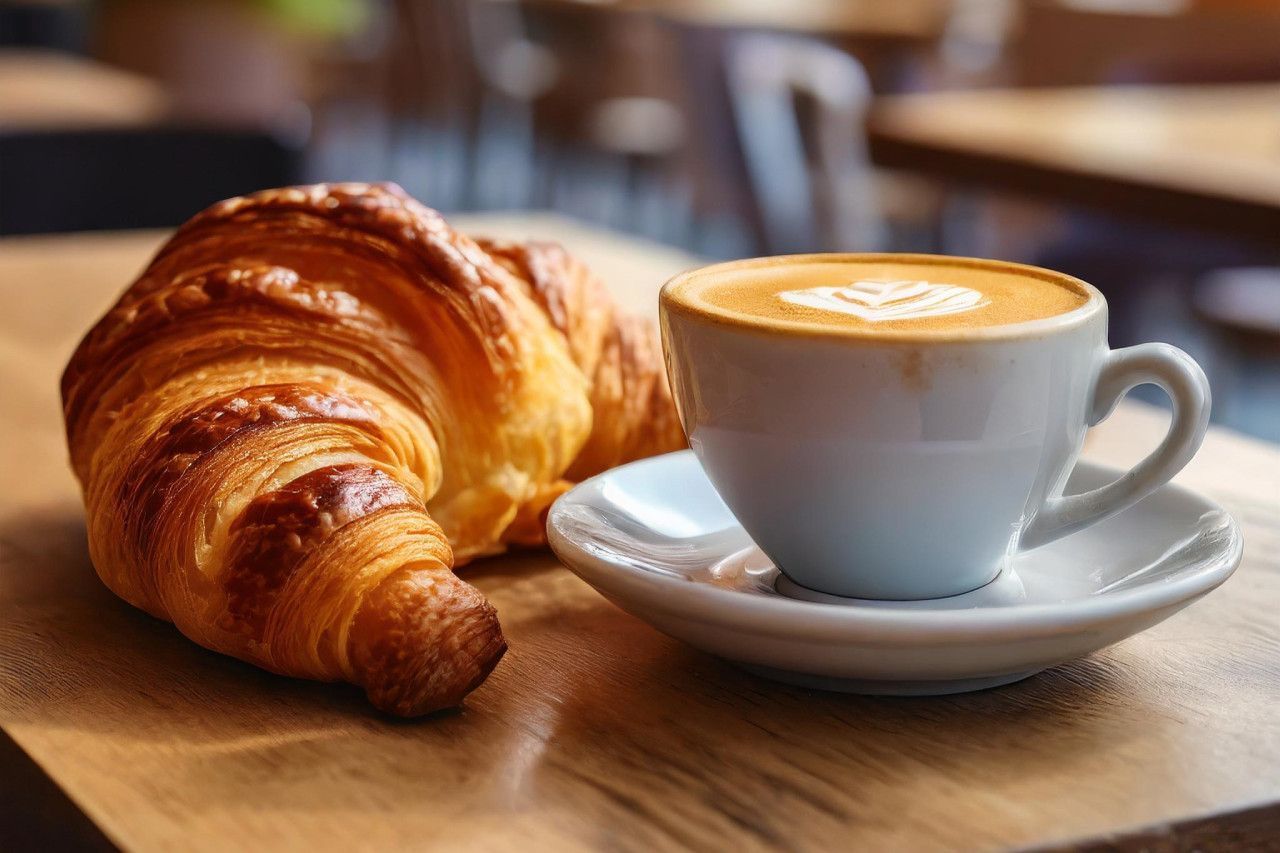 Um croissant e uma xícara de café estão sobre uma mesa de madeira.
