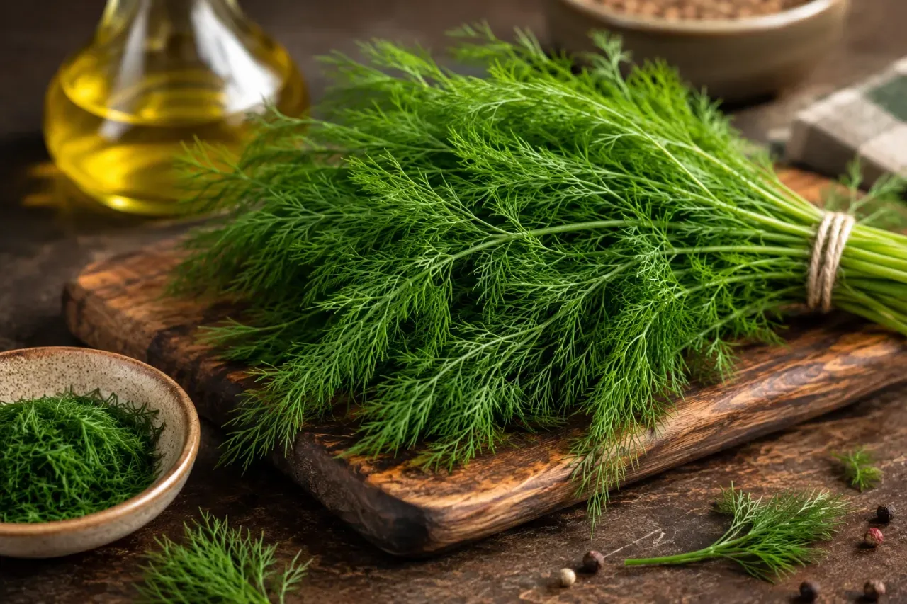 Dill fresco (endro) sobre tábua de madeira, erva aromática utilizada em peixes, molhos, saladas, conservas e receitas da culinária mediterrânea e nórdica.