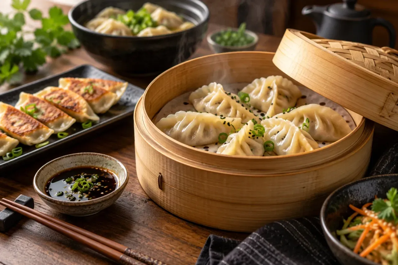 Dumplings asiáticos no vapor em cesta de bambu, acompanhados de gyoza dourado, molho de soja e vegetais.